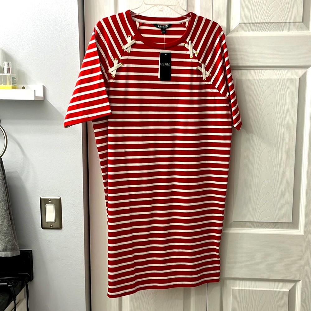 Ralph Lauren red and white striped dress. Short sleeve. Large.